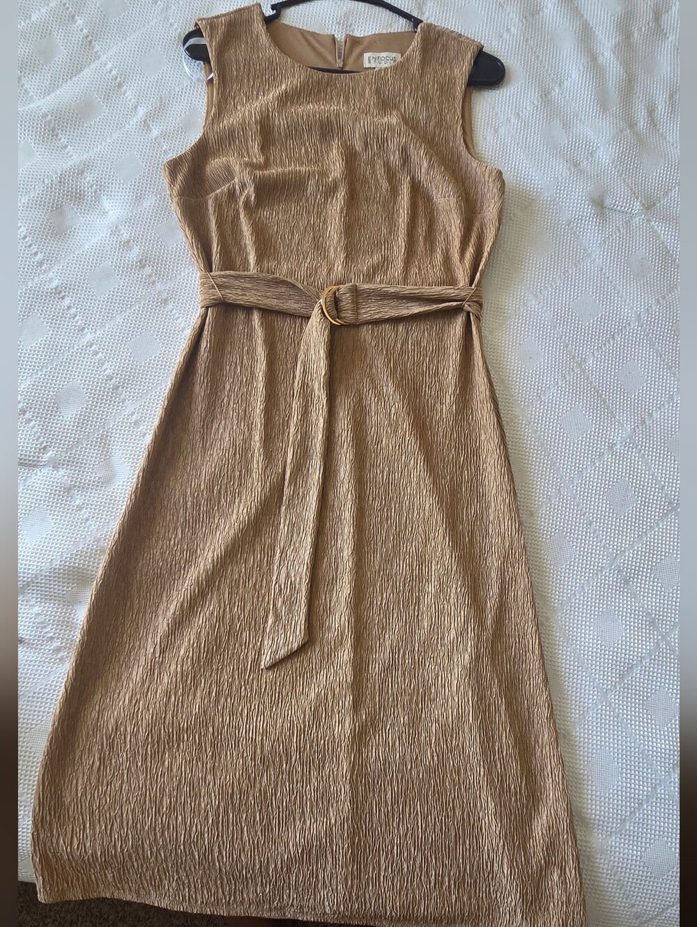 Enfocus Studio Sleeveless Textured Midi Dress in Light Brown with Self-Tie Belt